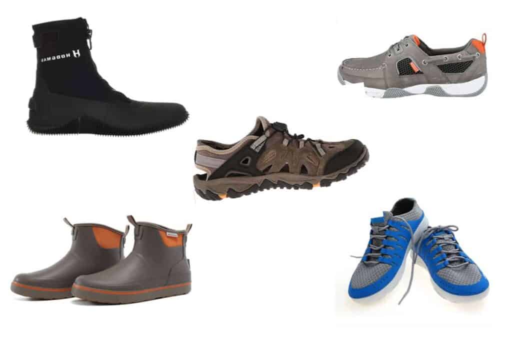 A variety of fishing shoe styles (sandals, boots, boat shoes and water shoes)