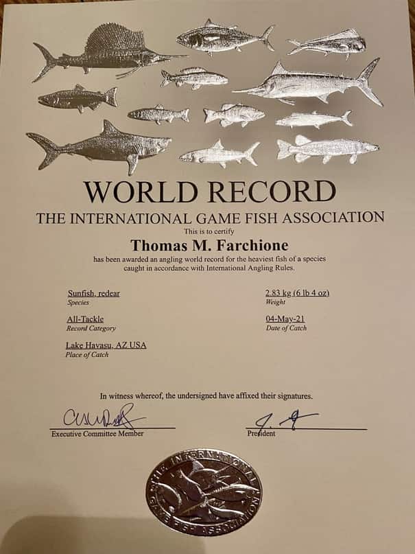 Redear Sunfish (Shellcracker) World Record Certificate