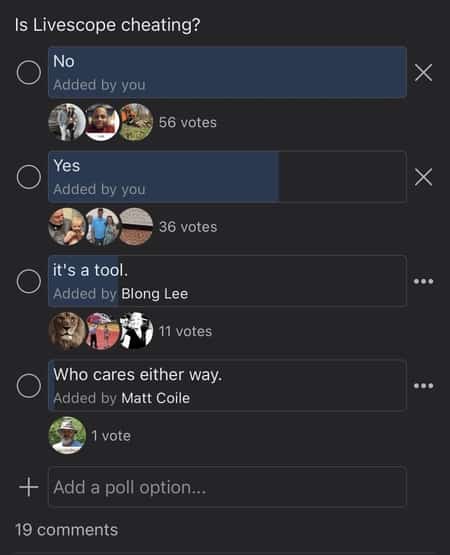 Is Livescope cheating? A poll showing 566% No, 36% Yes and 11% as indifferent (It's a tool).