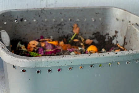 Old tub drilled with holes and used as a worm container